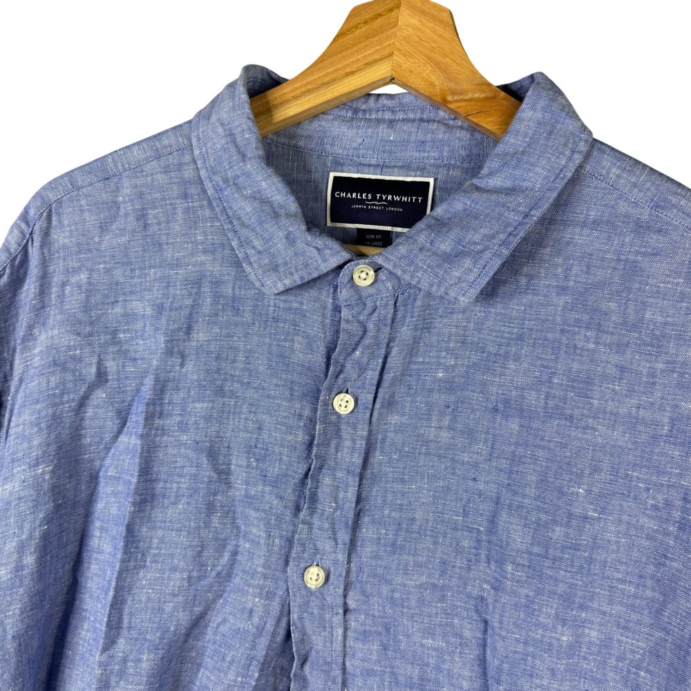 Charles Tyrwhitt Men Blue 100% Linen Slim Fit Long Sleeve Button Up Shirt XXL